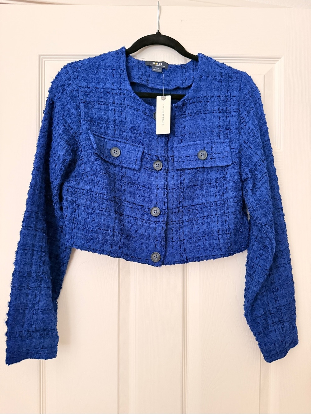 Anthropologie Maeve Cropped Royal Blue Tweed Jacket